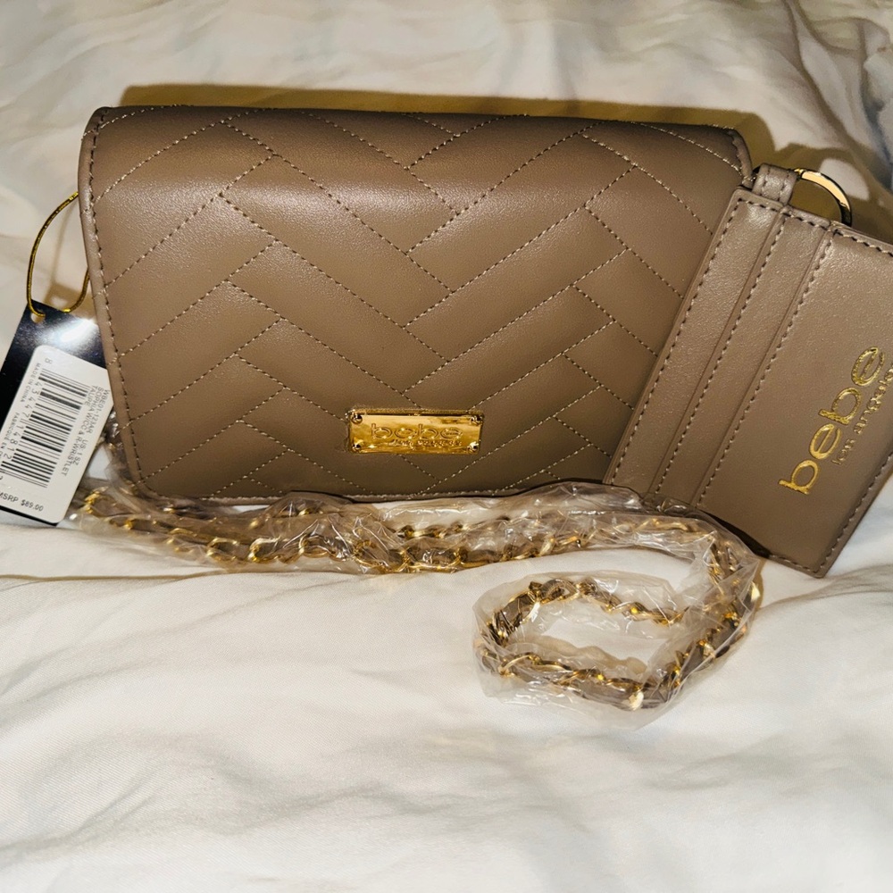 bebe Taupe Quilted Crossbody Bag with Gold Chain